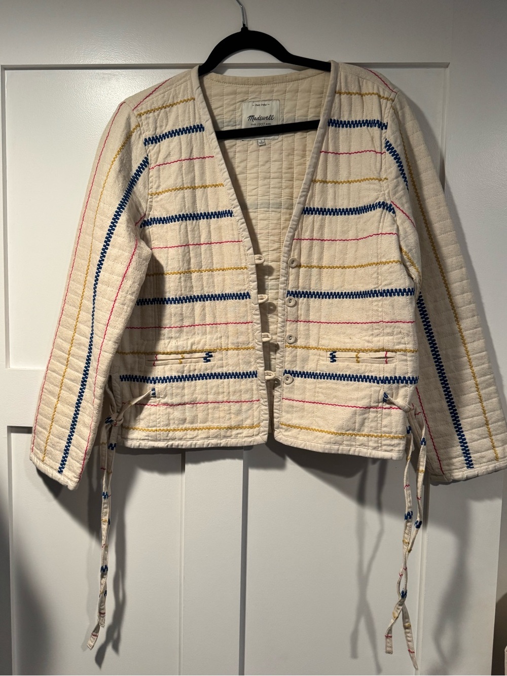Madewell Cream Quilted Jacket with Blue, Yellow & Pink Stripes